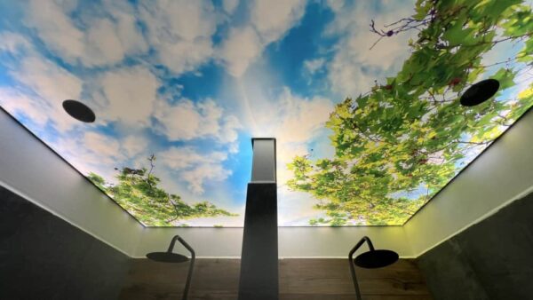 Světlo propustný ART Print napínaný strop s realistickým motivem oblohy a LED podsvícením v moderní sprše 