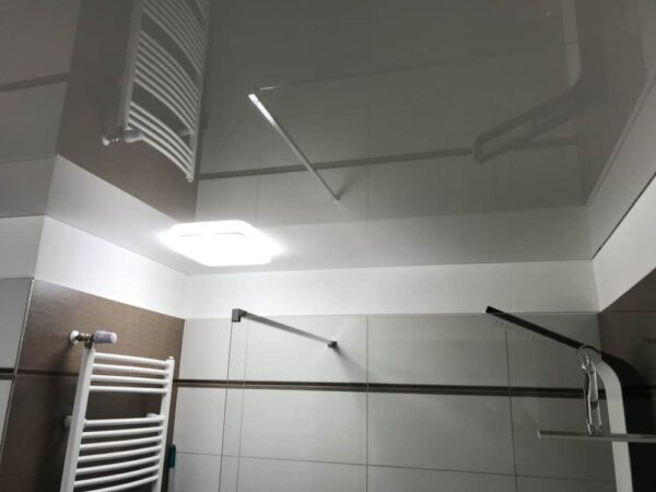 Koupelna v rodinném domě s bílým lesklým napínaným stropem  Reflexní povrch opticky zvětšuje prostor a odráží světlo, čímž zvyšuje jasnost místnosti  Odolnost proti vlhkosti zajišťuje dlouhou životnost 