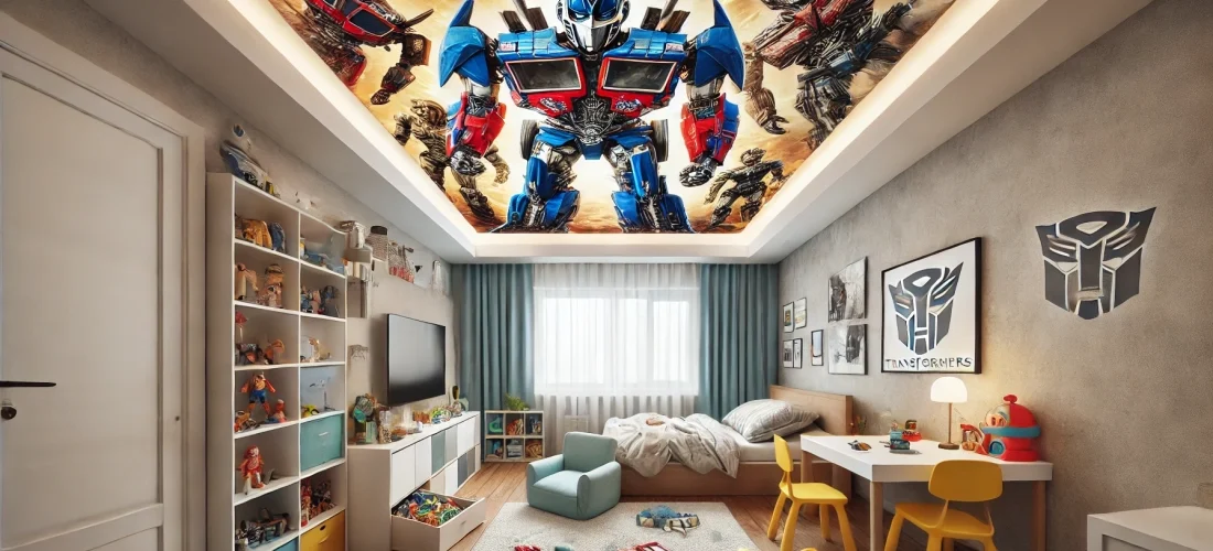 ART_Print_napínaný_strop_Tranformers-2 Dětský pokoj s napínaným stropem s motivem robotů ve stylu Transformers, s hračkami a autentickým dětským nepořádkem