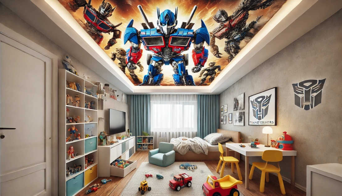 Dětský pokoj s napínaným stropem s motivem robotů ve stylu Transformers, s hračkami a autentickým dětským nepořádkem 