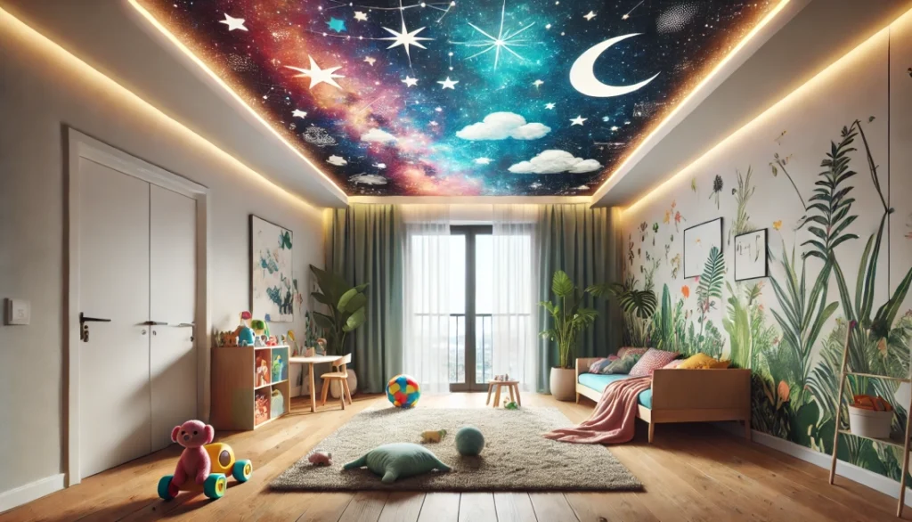 Napínaný strop s motivem hvězdné oblohy v dětském pokoji, s ambientním osvětlením, ideální pro inspirativní a uklidňující atmosféru.