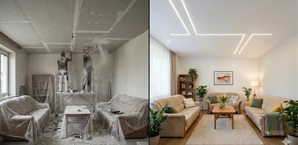 Srovnání rekonstrukce stropu: Sádrokarton vs. napínaný strop s LED liniemi Srovnání před a po: na levé straně probíhá prašná oprava sádrokartonového stropu, na pravé straně je čistý obývací pokoj s hotovým matným napínaným stropem a integrovanými LED liniemi od OPTIMUS Ceiling